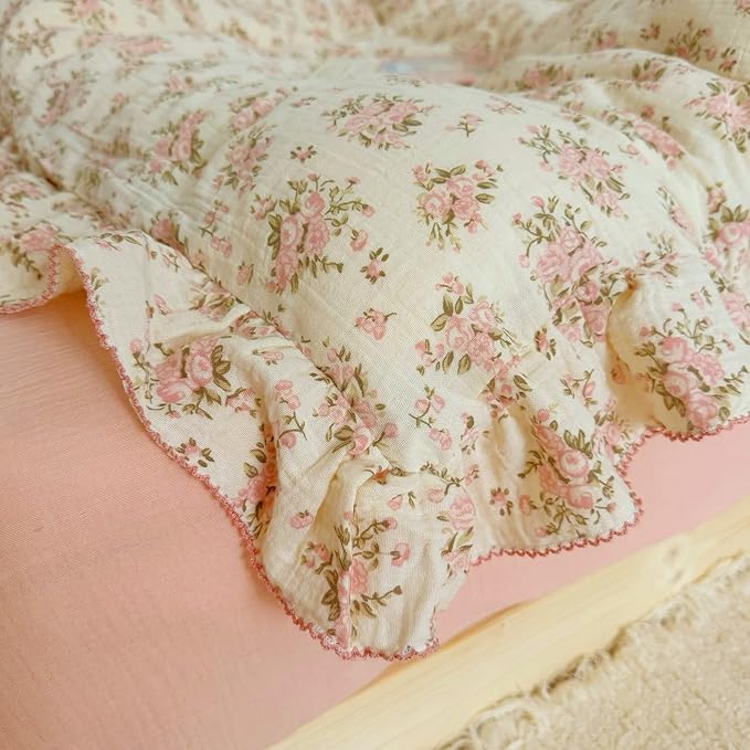 BuLuTu Cottage Pink Floral Duvet Cover King, Muslin Comforter Cover with Ruffles, Princess Bedding Quilt Cover with Zipper & Corner Ties,90"x90", No Pillow Case, Soft Breathable Lightweight