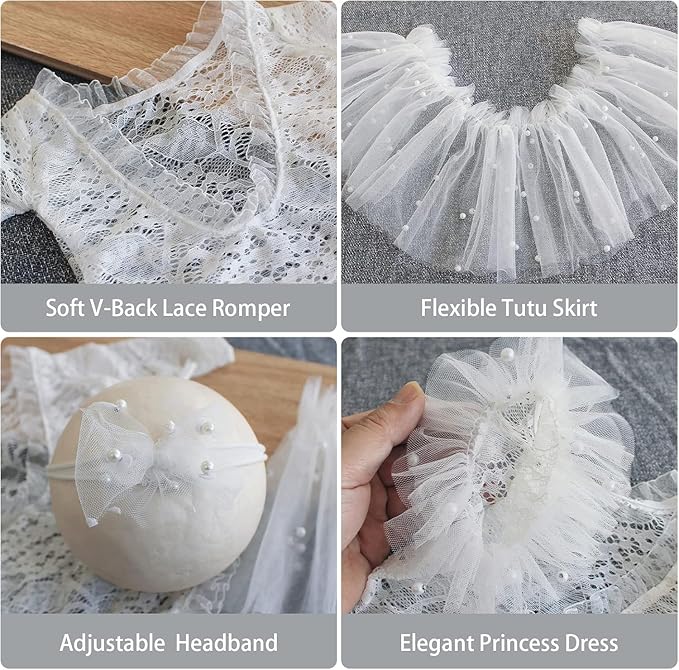 Newborn Lace Romper, 2 PCS Baby Girl Photography Props, Newborn Girl Photography Outfits with Flower Headband for Infants