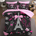 7 Pcs King Size Comforter Set with 2 Pillowcases & 2 Shams, Paris Eiffel Tower Bedding for Kids and Adults, Cute Pink Makeup Fashion Dress Bed in a Bag with Flat Fitted Sheet