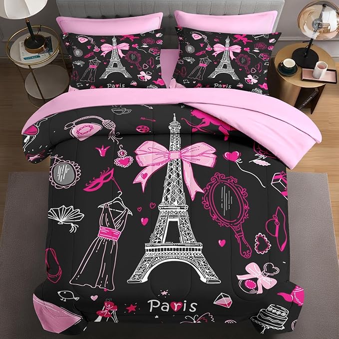 7 Pcs King Size Comforter Set with 2 Pillowcases & 2 Shams, Paris Eiffel Tower Bedding for Kids and Adults, Cute Pink Makeup Fashion Dress Bed in a Bag with Flat Fitted Sheet