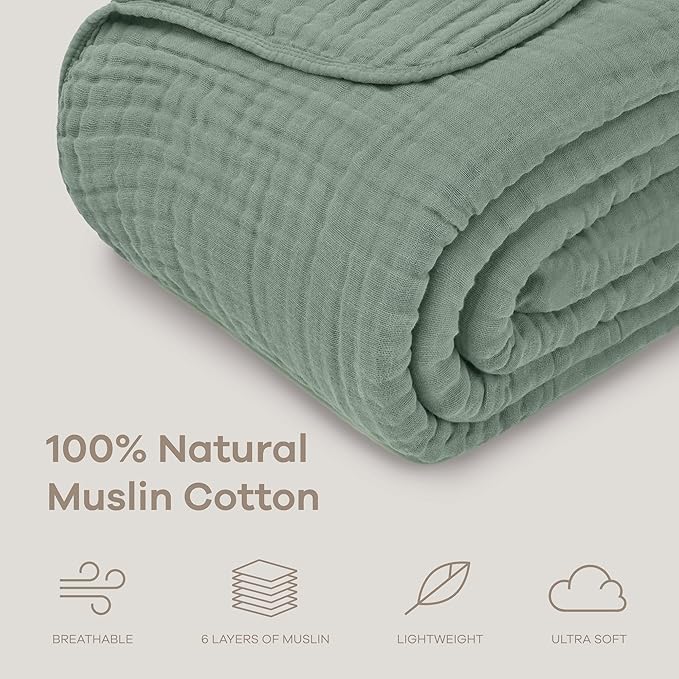 Comfy Cubs Muslin Blanket for Adults Queen 90" x 90" - 6 Layer Soft, Breathable & Lightweight Muslin Adult Blanket - Machine Washable & Designed in The US Bedding for All Seasons - Fern
