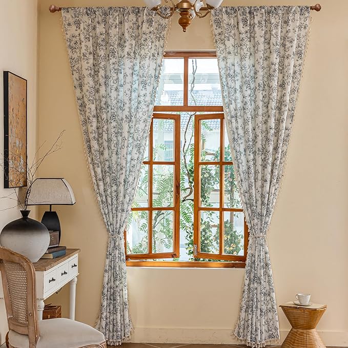 ENJOYBRIDAL Floral 63 Inch Curtains 2 Panel Set Boho Vintage Drapes for Bedroom Semi Sheer Living Room Short Window Curtain Panels Farmhouse Flower Print Rod Pocket Cute Window Treatments