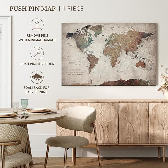 ElephantStock - Our Adventures World Map With Push Pin Iii Wall Art - Horizontal Canvas Wall Art - Living Room Wall Decor - Printmaking Map Canvas Art - Beige And Brown Decor - 48" x 32"