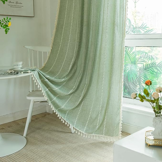 Deeprove Green Boho Curtains 84 Inches Long for Bedroom Living Room, Cotton Linen Weighted Stripes Embroidery, Semi Blackout Bohemian Farmhouse Window Treatment Drape Tassels 1 Panel W52 x L84 Sage
