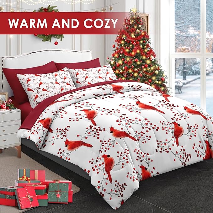 7 Pcs Queen Size Christmas Comforter Set with 2 Pillowcases & 2 Shams, Winter Cardinal Bird Bedding for Kids and Adults, Berries Branches Bed in a Bag with Flat Fitted Sheet