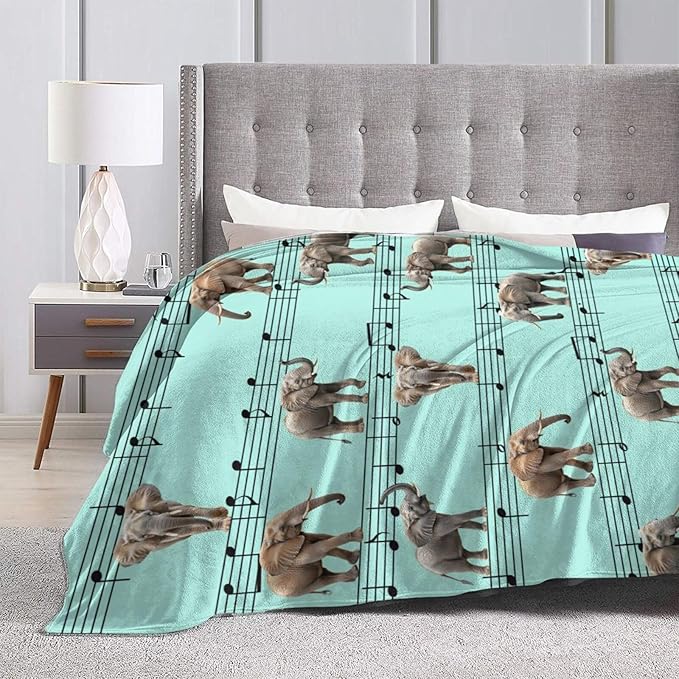 Elephant Blanket Musical Notes Decor Throw Blanket Super Soft Flannel Lightweight Fluffy Plush Fuzzy Fleece Blanket Gifts for Girl Woman Boys Kids Adults Man for Bed Sofa 50"X60"