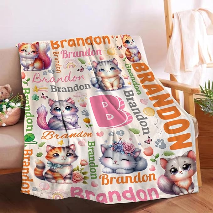 Personalized Custom Cat Blanket Gifts for Kids Boys Girls with Name - Customized Cat Super Soft Lightweight Flannel Sheets Decor for Crib Nap Couch - 50"x60" for Teens