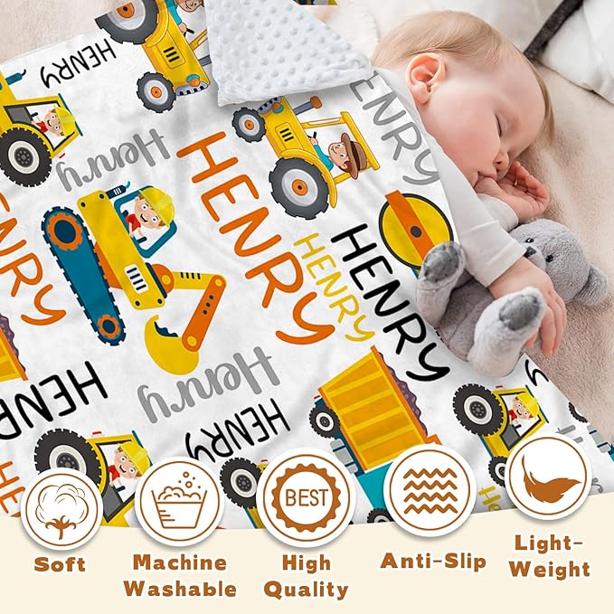 Personalized Baby Blankets for Boys, Custom Name Blanket Birthday Gift for Kid, Soft Flannel Blanket with Dotted Backing for Infants Toddlers, Customized Gifts, Yellow Truck(47" x60)