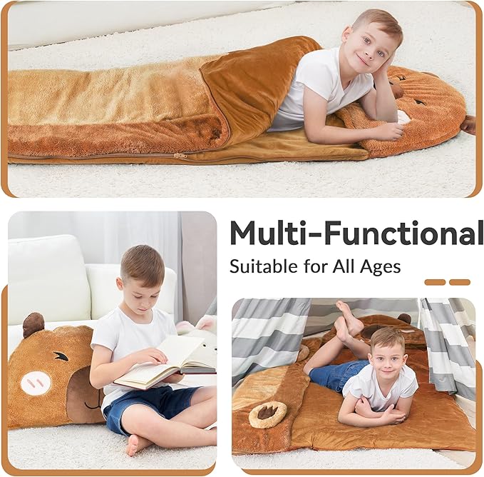 iPlay, iLearn Kid Sleeping Bag, Plush Capybara Slumber Bag, Toddler Girl Boy Nap Mat, 2 In 1 Brown Animal Pillow, Happy Travel Sleepover Daycare Preschool Birthday Gift for Age 3 4 5 6 7 8 10 12 Child