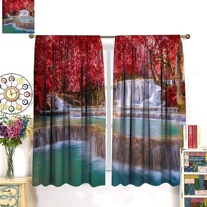 Natural Landscape Waterfall Blackout Curtains, Scenic View Waterfall Forest Autumn Window Drapes, for Bedroom Living Room 42" W X 54" L