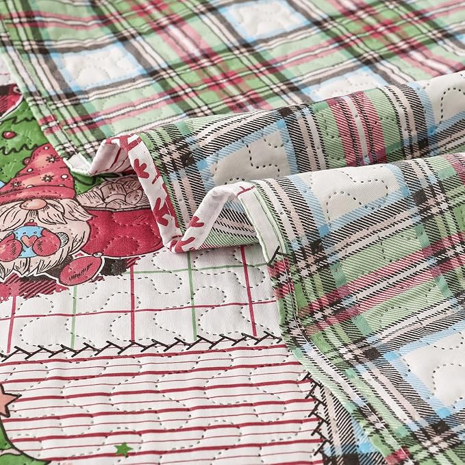 Christmas Bedding Set King Quilt Bedspread Coverlet,Plaid Patchwork Christmas Quilt Bedding Holiday Xmas Bedspread Lightweight Reversible Gnome Santa Claus Home Festival Decor