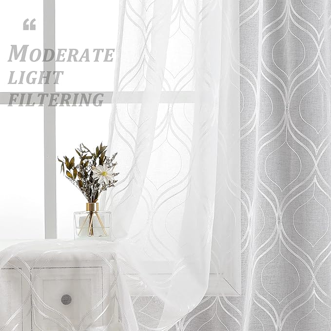 VISIONTEX White Sheer Curtains 72 Inches Long 2 Panels Set Moroccan Embroidered Curtains Trellis Decor French Textured Rod Pocket Voile Tulle Semi Window Drapes for Bedroom Living Room 54 x 72 Inches