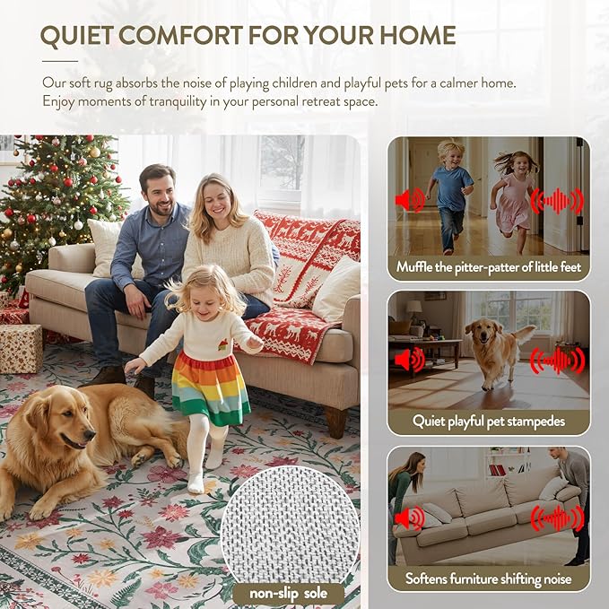 Wonnitar Christmas Rug for Living Room, Christmas Home Decor 8x10 Washable Rug, Ultra-Thin Soft Holiday Floral Print Non Slip Winter Indoor Carpet for Bedroom Kids Room Xmas Dining Room