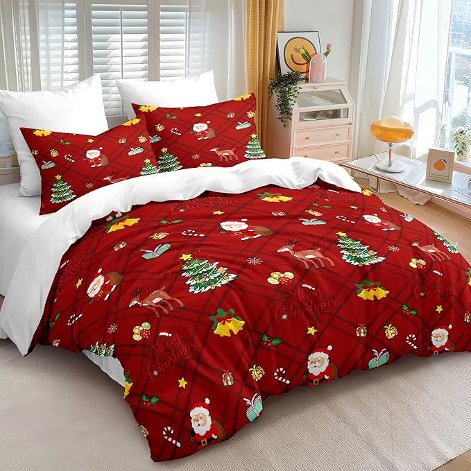 Christmas Duvet Cover King Size Red Gingham Christmas Bedding Set 3 Pieces Kids Boys Girls Xmas Grid Checked Cartoon Deer Pattern Comforter Cover with Zipper Closure