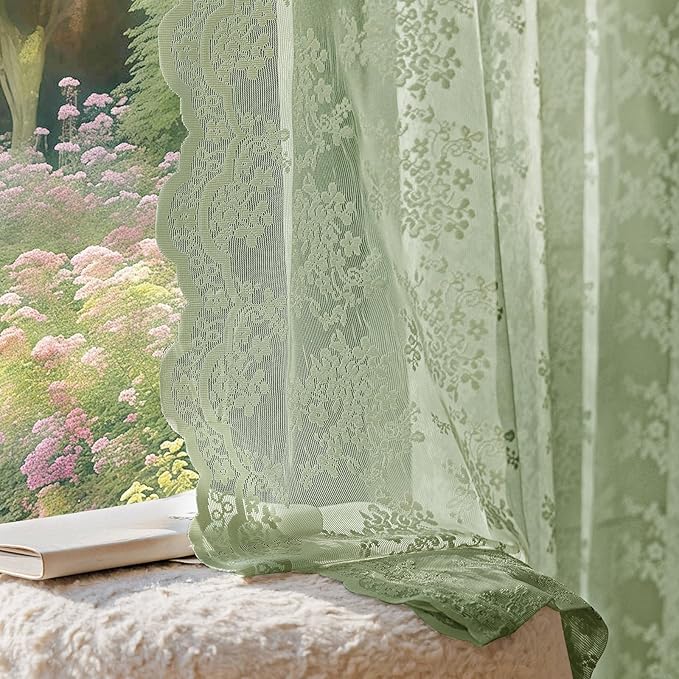 Anmao Vintage Sage Green Lace Curtains 80 Inches Long 2 Panels Sets, Romantic Light Filtering Semi Sheer Floral Thick Lacy Curtain Drapes for Living Room and Bedroom, Each Panel 55W x 80L, Sage Green