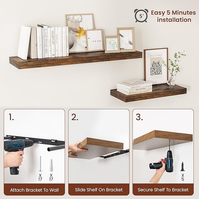 Vivelove 12" Deep Floating Shelves for Wall 55" Long, Wall Shelves for Living Room Bedroom Bathroom Kitchen Laundry Room, Farmhouse Rustic Shelves for Home Decor, 55" X 12" X 2" Set Of 2, Rustic Brown