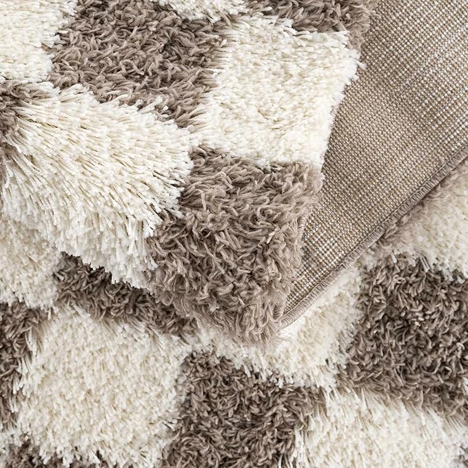 Hauteloom Atira Contemporary Checkered Fluffy Shag Area Rug - Modern Geometric Carpet Tiles for Living Room, Kids Room, Nursery - Plush Pile - Brown, Cream, White - 6'7" x 9'6"