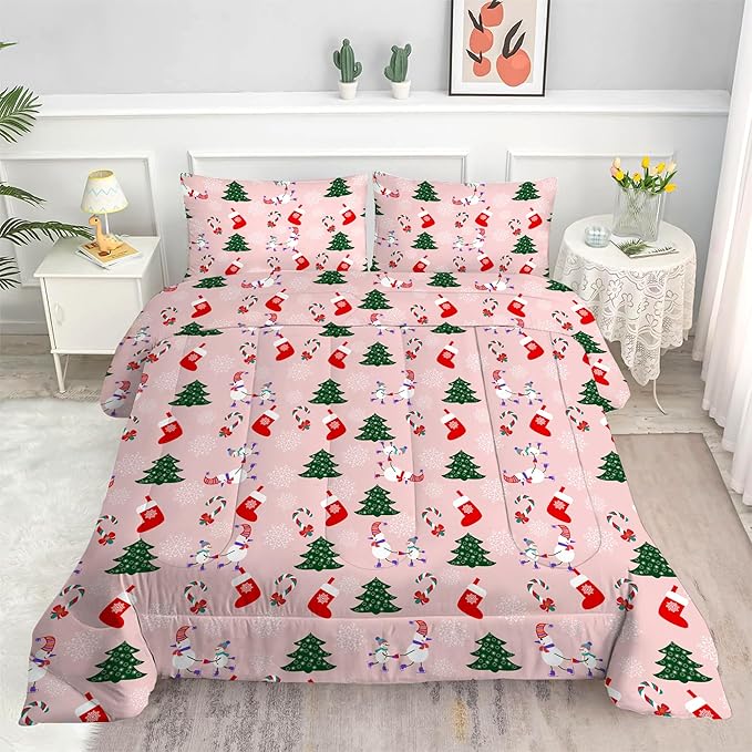 Pink Christmas Comforter Twin: Kids Bedding Set with Xmas Tree Snowman Stocking Candy Cane Snowflake for Teen Girls Boys Holiday Quilt Decor 1 Comforter & 1 Pillowcase