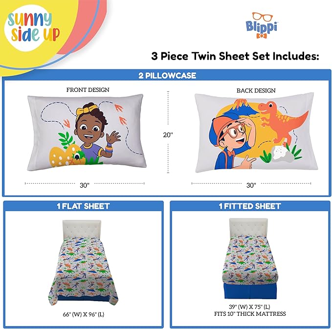 Sunny Side Up Kids Sheet Set Includes Sheets and Pillow Cover - 100% Microfiber Bedding and Room Decor, Gray - Blippi, 3 Piece Twin