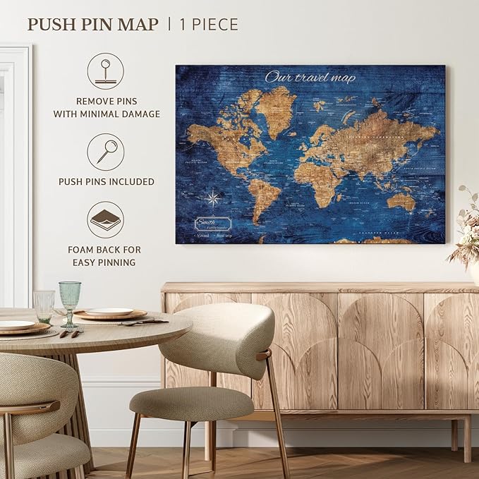 ElephantStock - Personalized Our Travel I Push Pin World Map Wall Art - Horizontal Canvas Wall Art - Living Room Wall Decor - Digital Art Map Canvas Art - Brown And Blue Decor - 12" x 8"
