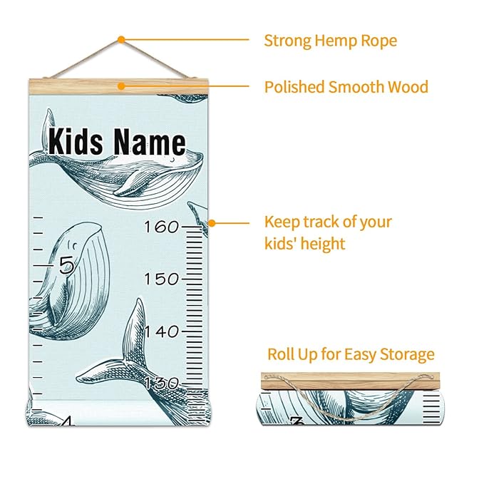 Personalized Kids Name Growth Chart Ruler for Wall Wood Frame Height Measure Chart 13.4x56 in Linen Hanging Height Growth Chart Ocean Dolphin Fish Kids Room Decor