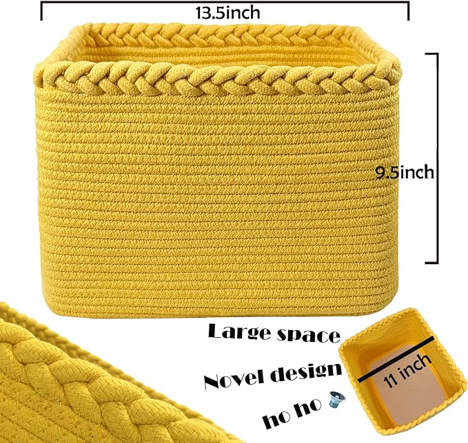 Small Woven Cotton Rope Basket for Storage, Gift Baskets for Handles, Cloth Storage Baskets for Organizing-13.5" x 11" x 9.5" home decor for Living Room, Bathroom（Yellow）