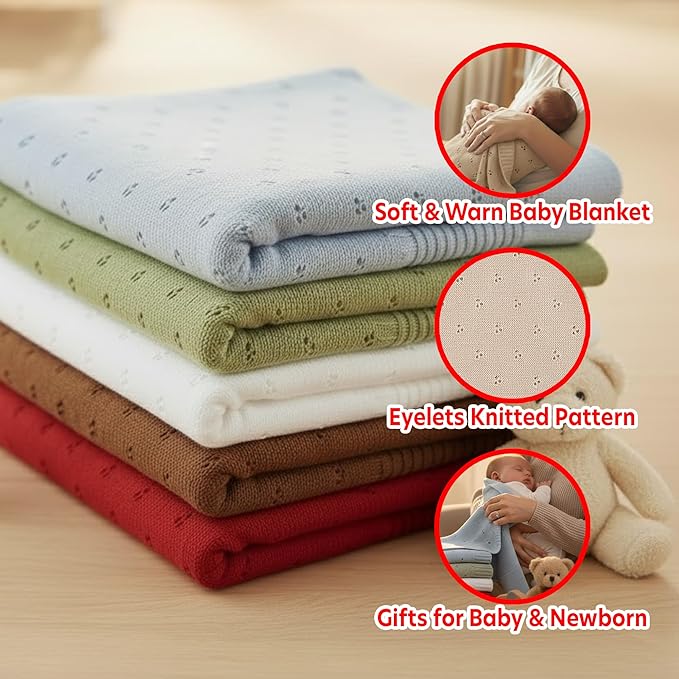 Baby Knit Blanket, 100% Cotton Eyelet Patterns, Soft, Cozy, Lightweight Swaddle for Newborn & Infant Swaddling Beige Neutral, Perfect Baby Shower Ideas Beige 30x30