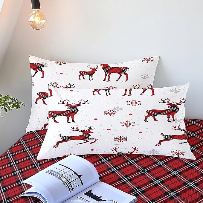 Christmas Duvet Cover King Size Red Gingham Christmas Deer Bedding Set Kids Boys Girls Grid Checked Xmas Snowflake Elk Comforter Cover 3 Pieces with Zipper Closure (No Comforter)