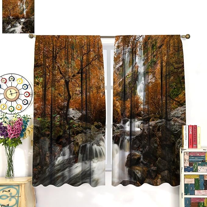 Forest Waterfall Blackout Curtains, Autumn Jungle Mountains Fall Nature Landscape Window Drapes, for Bedroom Living Room 63" W X 72" L