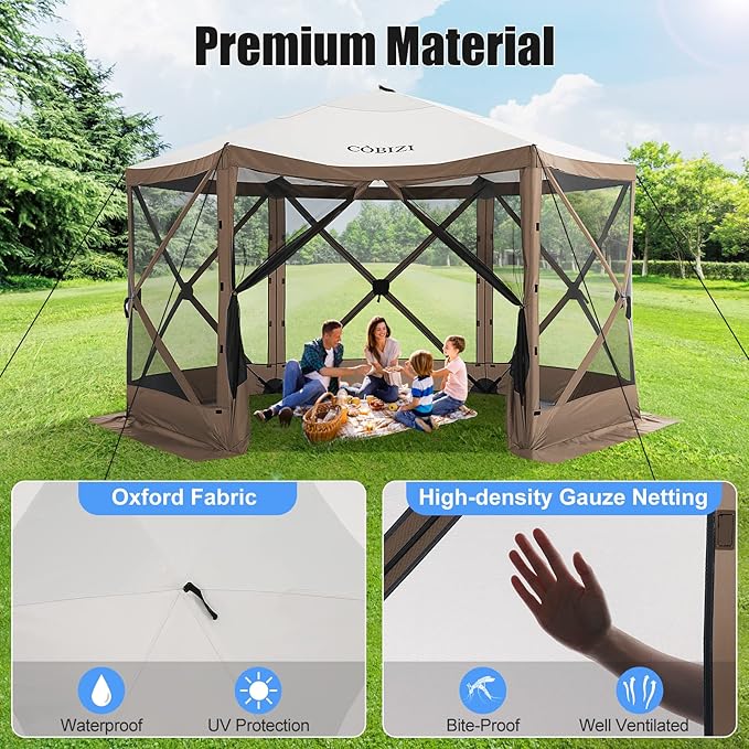 COBIZI 12x12ft Pop up Gazebo Screen Tent Screen House for Camping, Camping Outdoor Screened Gazebo, Canopy Tent,Portable Hub with Carrying Bag and Ground Stakes, BrownUpgraded 2.0
