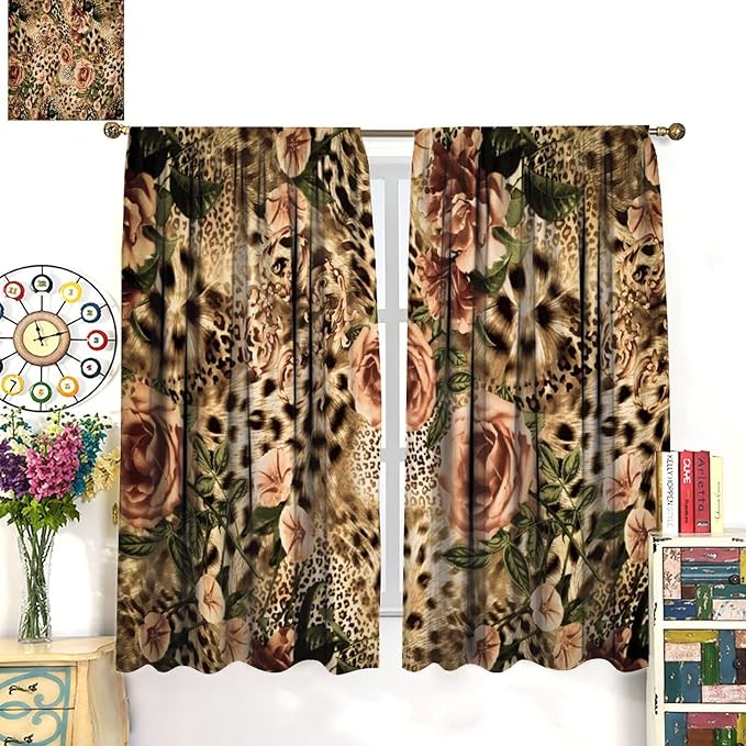 Leopard Floral Blackout Curtains, Cute Boho Floral Cheetah Animal Pattern Safari Natural Theme Window Treatments for Bedroom Living Room 63" W X 63" L