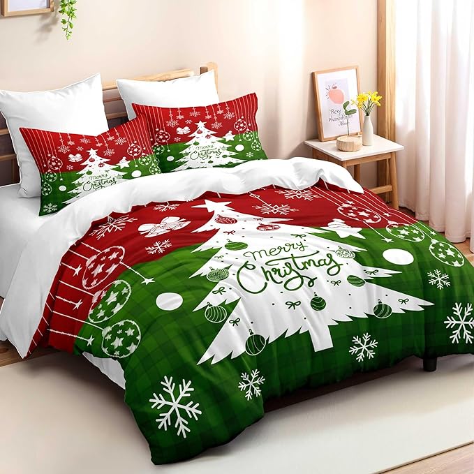 Red Christmas Duvet Cover Queen Size Green Christmas Tree Gingham Bedding Set 3 Pcs Kids Boys Girls Checked Holiday Pattern Comforter Cover with Zipper Closure