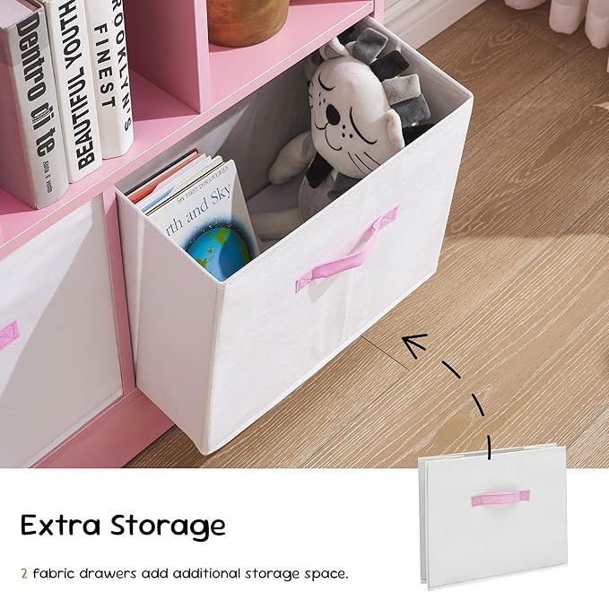 ivinta Toy Storage Organizer for Kids, 7-Cube Wooden Storage Cabinet with Collapsible Fabric Drawers for Children, 3-Tier Bookshelf for Playroom Nursery Bedroom Living Room (Pink)