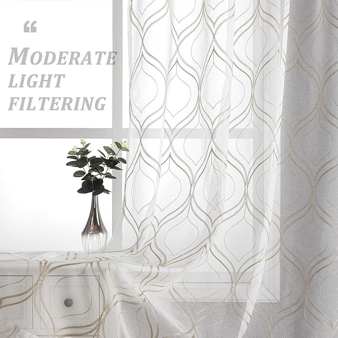 VISIONTEX White Sheer Curtains 54 Inch Length 2 Panels Set Brown Moroccan Embroidered Curtains Trellis French Textured Rod Pocket Voile Tulle Semi Window Drapes for Bedroom Living Room 54 x 54 Inches