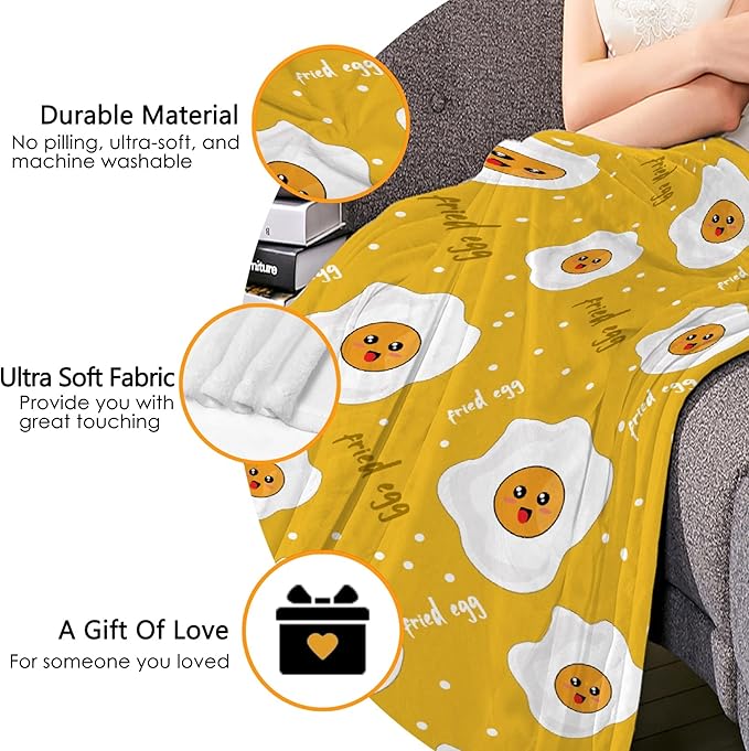Thuswarm Cute Fried Eggs Kawaii Omelette Flannel Throw Blanket Warm Cozy Soft Cartoon Food Print Blankets for Bed Couch Sofa Room Decoration Gifts 50”×40” Small for Kid