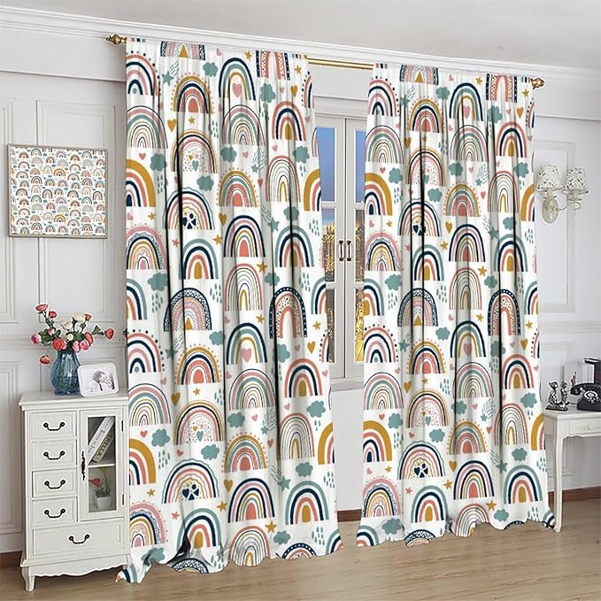 Kids Rainbow Curtains Boho Cartoon Colorful Stars Love Heart Lovely Abstract Art Pattern Print Window Drapes for Girl Bedroom Living Room Kitchen Decor,2 Panel Set,63Wx63H Inch Blackout