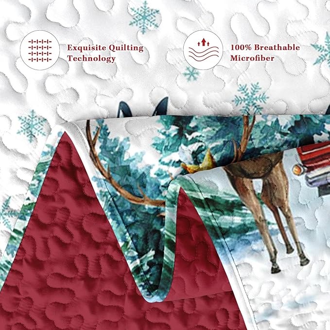 Christmas Full/Queen Size Quilt Set, Red Vintage Truck Elk Lightweight Bedspread Coverlet with Pillow Shams for Kids and Adults, Winter Forest 3 Pcs Bedding Bed Cover