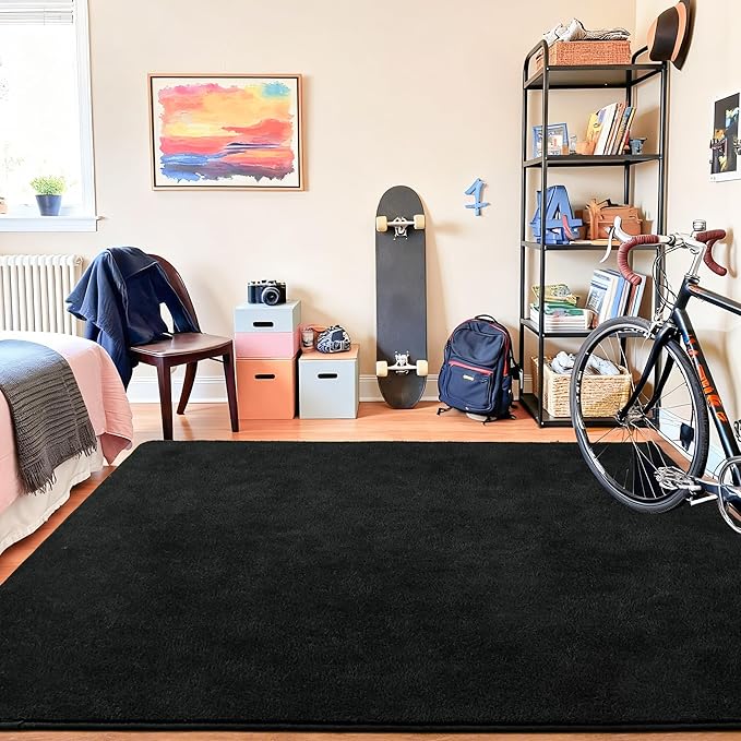 Chicrug 5x7 Minimalist Washable Area Rugs for Bedroom Living Room Classroom, Modern Soft Memory Foam Rug for Kids Nursery, Low Plie Indoor Carpet for Dorm Dining Office Bedside Room Decor, Black