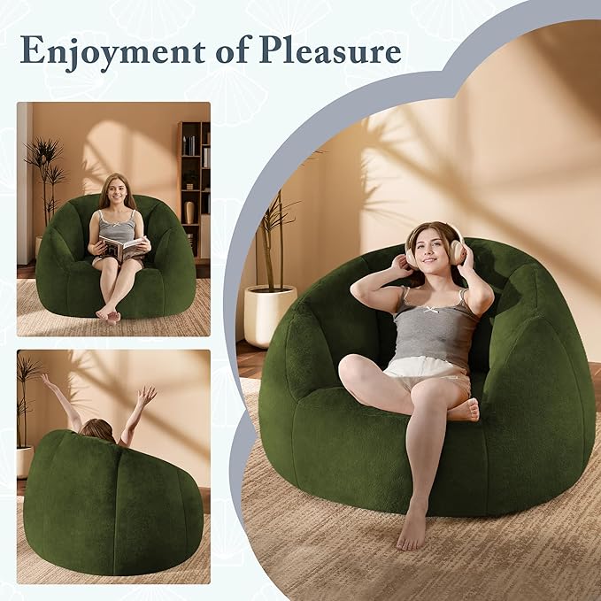 Giant Bean Bag Chair for Adults - Comfy Plush Round Shell Soft Accent Chair, Oversized Cozy Lounge Floor Sofa Reading Chair, Mini Couch for Living Room, Bedroom & Game Rooms, Dorm, Green