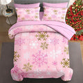 7 Pcs Queen Size Christmas Comforter Set with 2 Pillowcases & 2 Shams, Pink Winter Snowflake Bedding for Kids and Adults, Funny Sparkle Farm Bed in a Bag with Flat Fitted Sheet