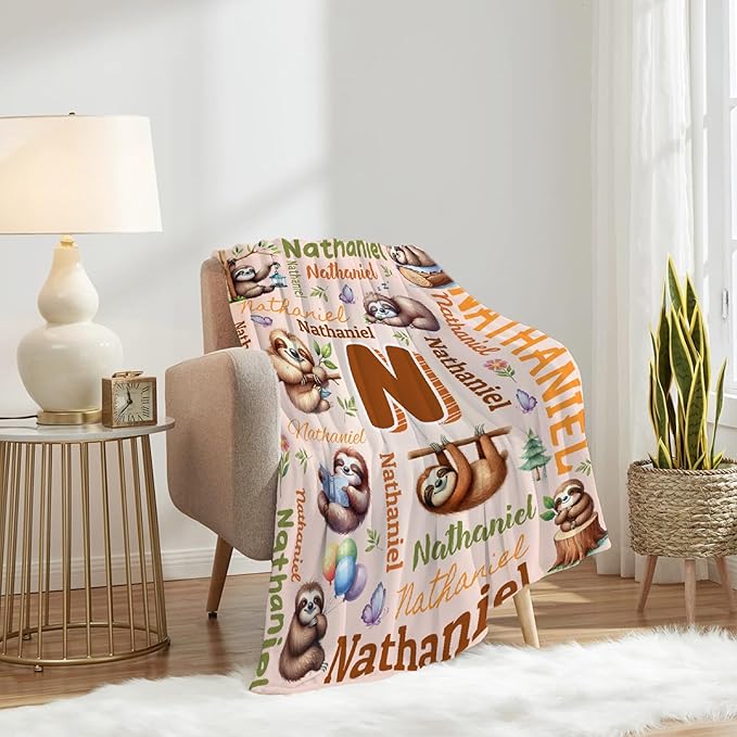 Personalized Custom Sloth Blanket Gifts for Kids Boys Girls with Name - Customized Sloth Super Soft Lightweight Flannel Sheets Decor for Crib Nap Couch - 50"x60" for Teens