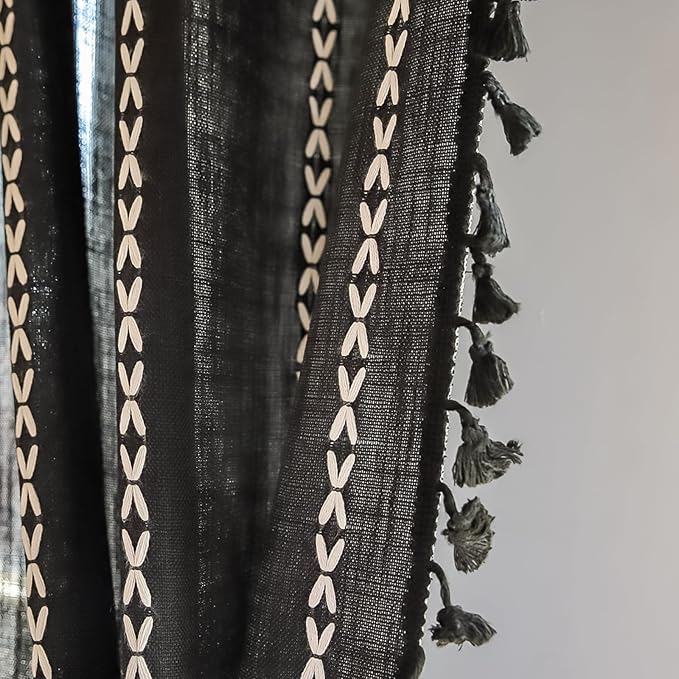 Deeprove Black Boho Curtains 84 inches Long with Tassel for Bedroom, Vintage Bohemian Embroidery Farmhouse Cotton Linen French Country Window Treatments Gothic Halloween Decor, W52 x L84, 1 Panel