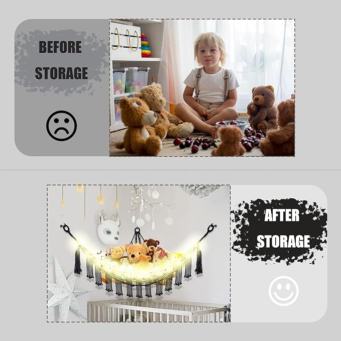 Stuffed Animal Hammock with LED Light, Large Stuffed Animals Storage Corner Plushie Net for Kids Room Decor, Jumbo Black