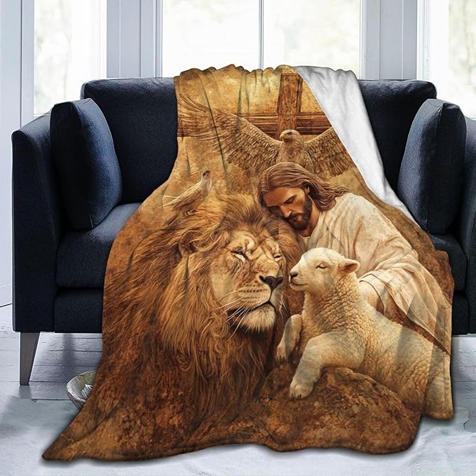 Jesus Blanket Lion Lamb Throws Christian Cross Print Plush Fuzzy Fleece Blankets Gifts for Girls Boys Women Super Soft Warm Cozy God Eagle Stuff for Men Women Couch Bed Sofa Bedding Decor 50"x40"