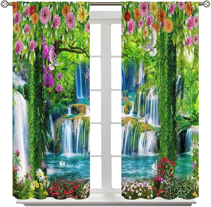 Jungle Nature Blackout Window Curtains, Trees Scenic Waterfall and River Spring Pattern Print Window Drapes, for Living Room Bedroom 55x63in 2 Panels