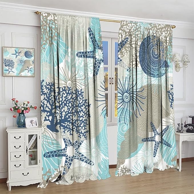 Coastal Curtains Ocean Beach Themed Room Darkening Window Curtain Nautical Coral Blackout Curtain for Bedroom Living Room Bathroom Nursery Set 2 Panels,84x84 Inches