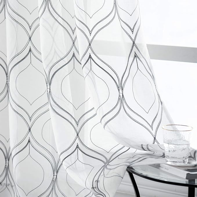 VISIONTEX White Sheer Curtains 72 Inches Long 2 Panels Set Grey Moroccan Embroidered Curtains Trellis French Textured Rod Pocket Voile Tulle Semi Window Drapes for Bedroom Living Room 54 x 72 Inches