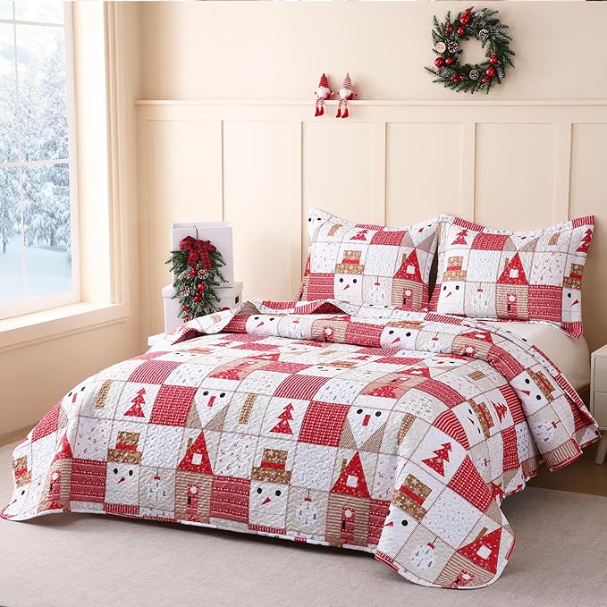 JSD 2 Pcs Kids Christmas Quilt Set Twin Size, Patchwork Christmas Bedding, Soft Microfiber Bedspread Coverlet Holiday Quilted Blanket