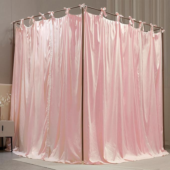 4 Corners Post Princess Curtain Bed Canopy Double Layer Cozy Mosquito Net Mesh and Cloth for Girls Adults Bedroom Decoration (Double-Beigepink/White, 78" W*86" L*82"*H/(King))