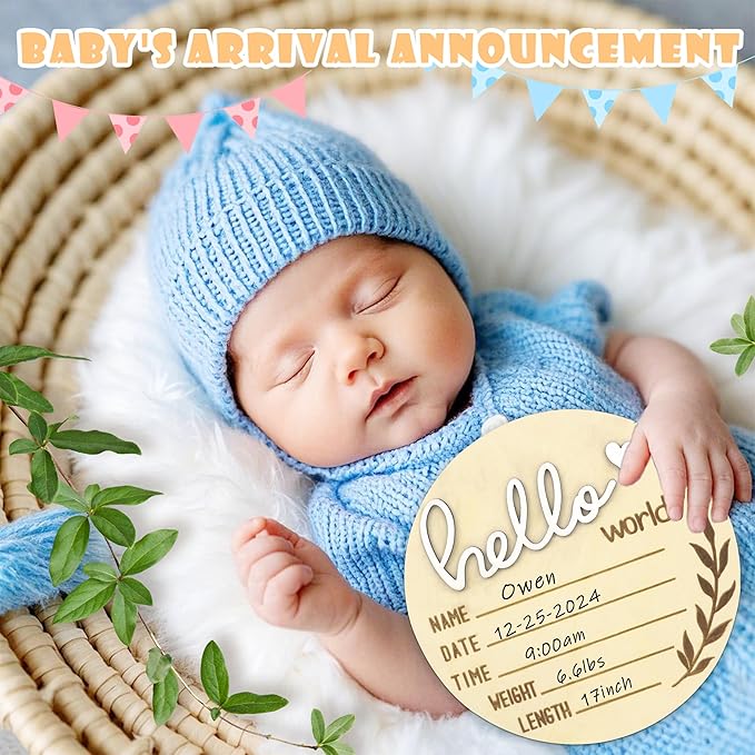 Hello World Newborn Sign, 5.9 Inch Baby Announcement Sign Welcome Board Wooden Name Birth Announcement Plaque for Baby Shower Photo Props Hospital Nursery